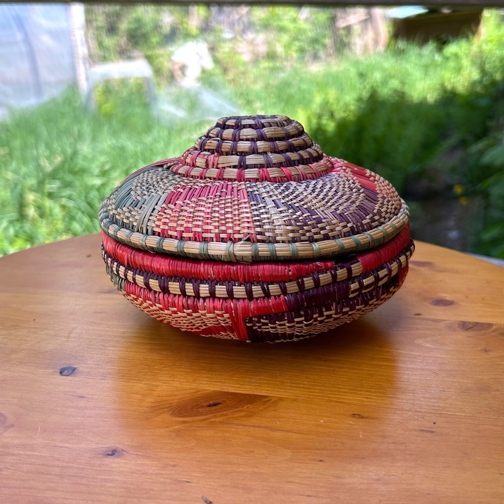 Vintage Ethiopian Coiled Basket Hand-Woven Small Multicolor East African Artisan